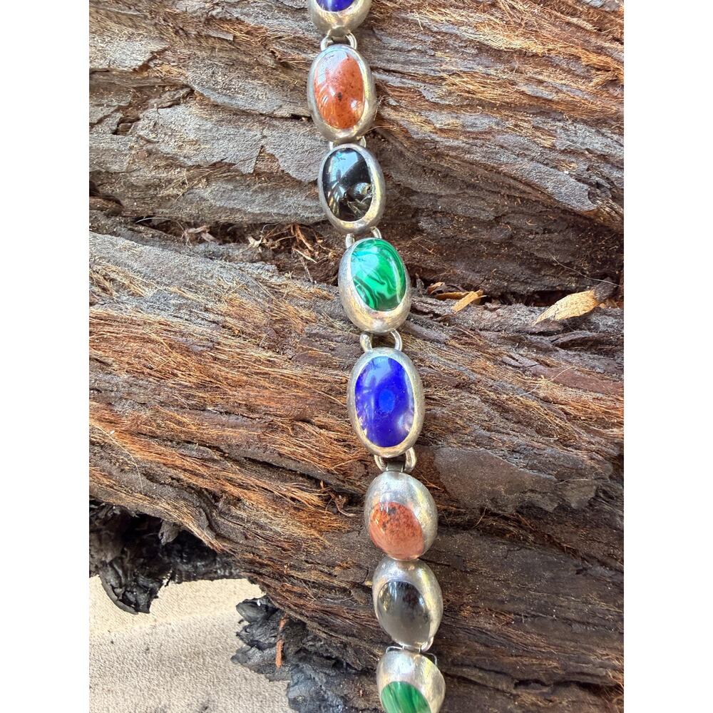 Vintage Sterling Silver Link Bracelet | Malachite, Lapis, Obsidian Stones